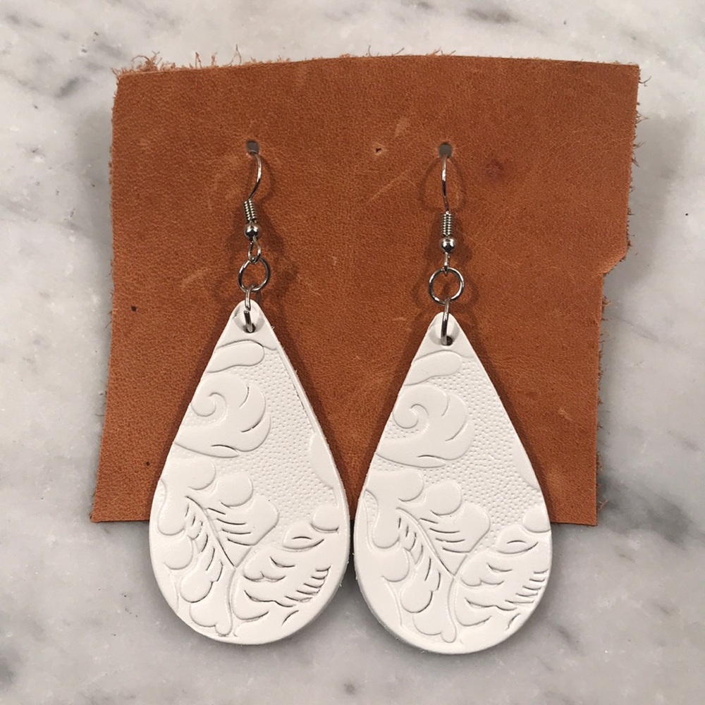 White & Silver Leather Embossed Earrings